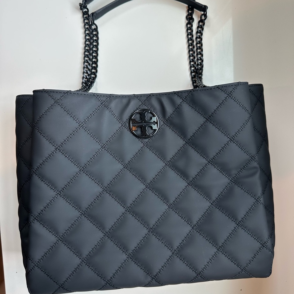 Tory Burch Black Quilted Tote with Chain Straps